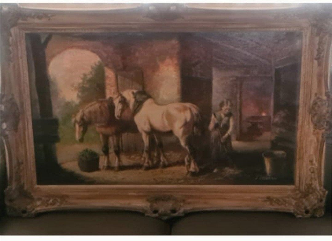 Klassiek olieverfschilderij: Paarden en boerin in stal, Antiek en Kunst, Ophalen of Verzenden