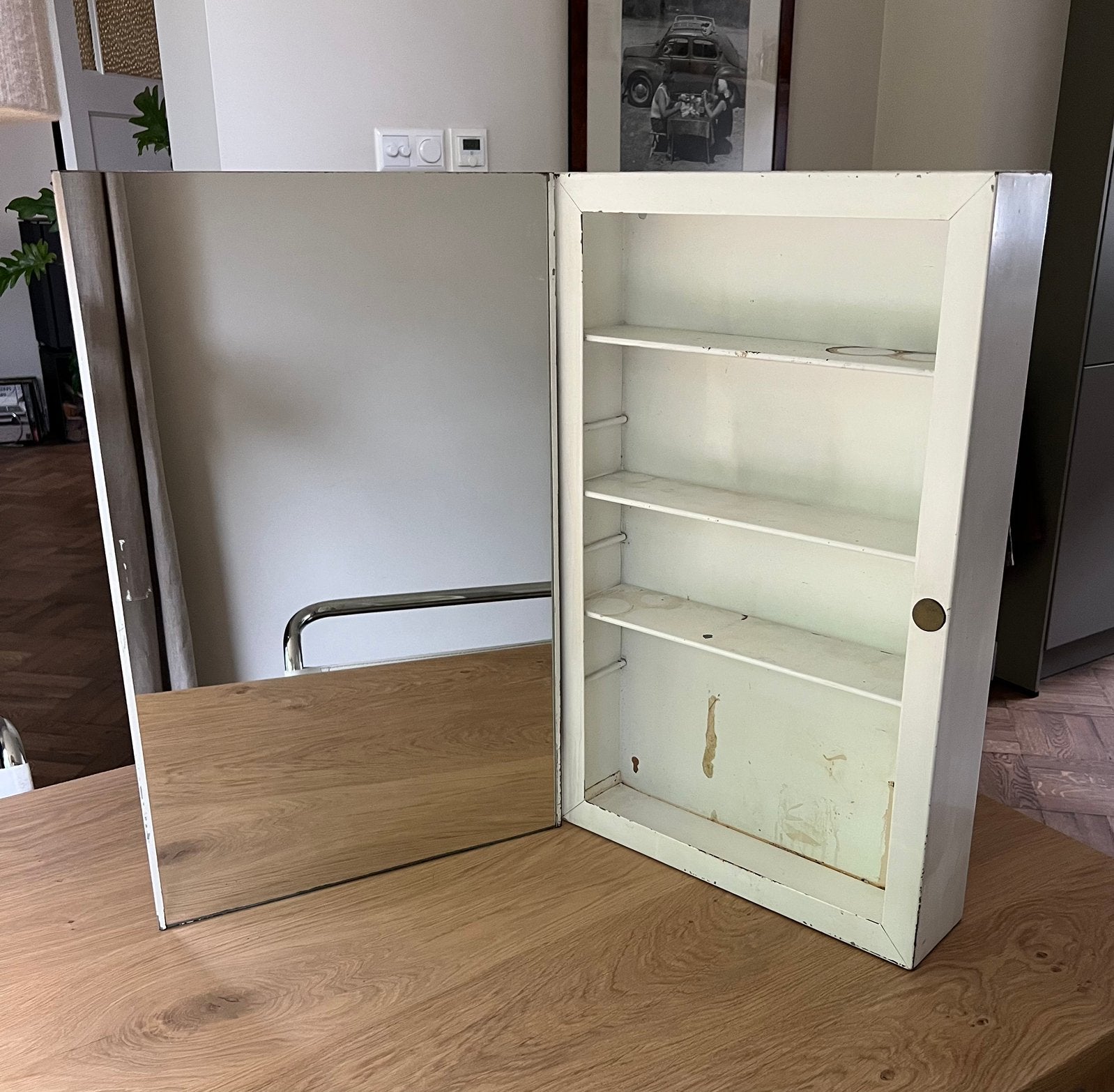 Vintage L’Étoile metalen badkamerkastje met spiegel uit 1959, Ophalen, Minder dan 50 cm, Gebruikt, Minder dan 100 cm