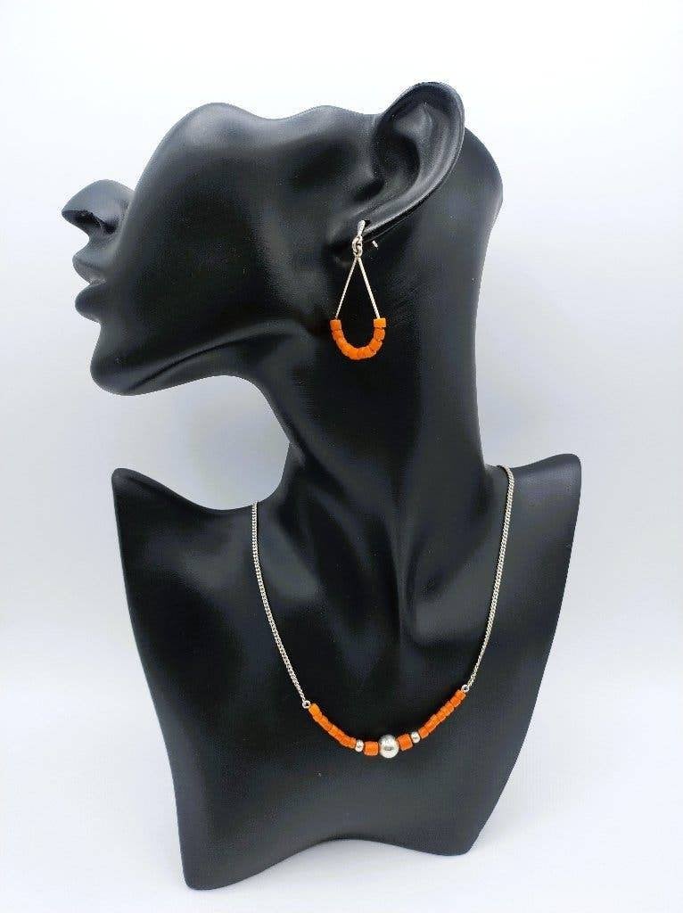 Zilveren ketting en oorbellen met bloedkoraal, 42 cm, Info@zilverwebsite.nl, Verzenden, Zo goed als nieuw, Zilverwebsite.nl