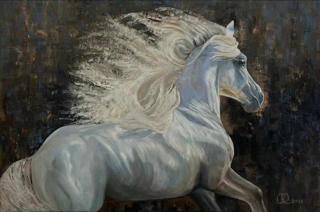 Olieverf Schilderij "De Zilveren Schim" - Paard op Linnen (8, Ophalen of Verzenden