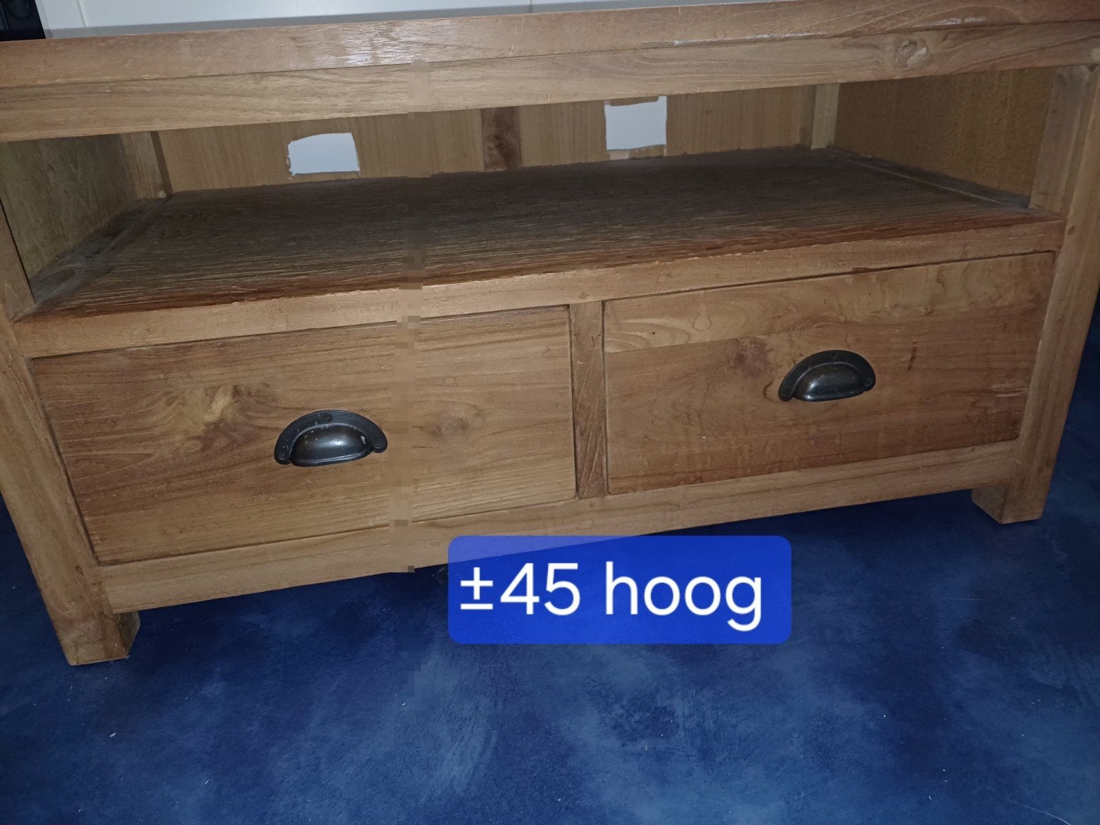 Houten tv-meubel met lades en gebruikssporen, Ophalen, Gebruikt, Landelijke of industriële stijl, 50 tot 100 cm