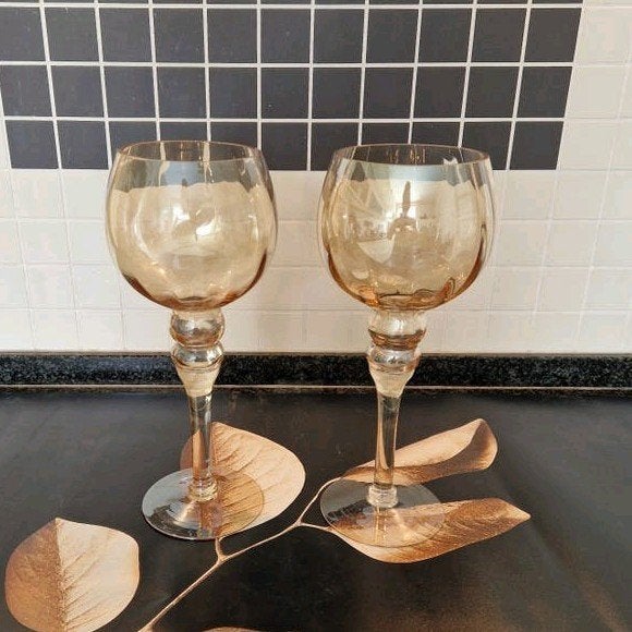 2 Prachtige Gouden Kelken Windlichten van Glas op Pootje, Ophalen, Nieuw, Goud, Glas