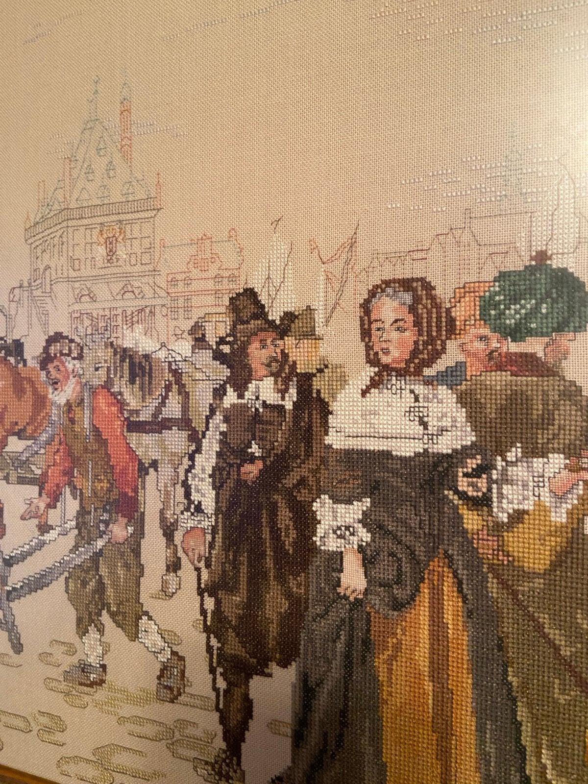 Borduurwerk 'de Dam 1665' - Klassiek tafereel 68x48cm, Doek, Overige technieken, Ophalen of Verzenden, Handgeschilderd