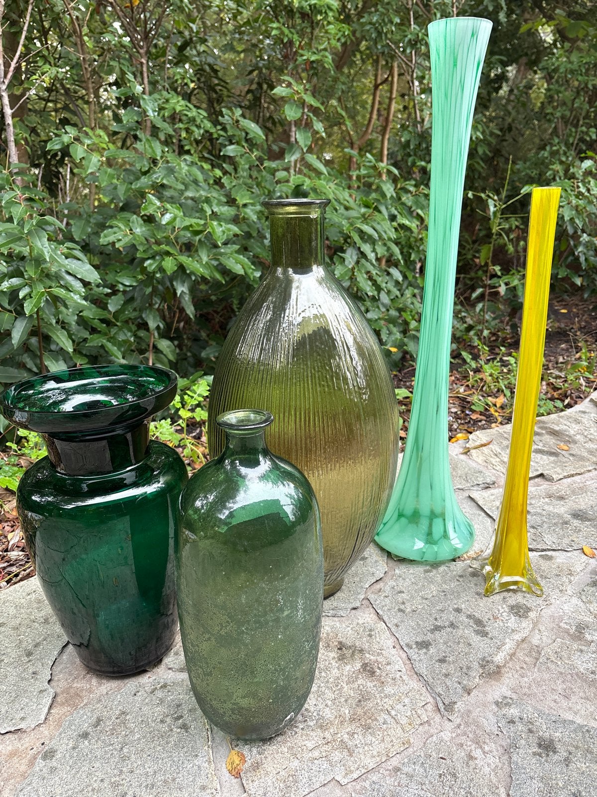 5 Grote Vazen - Groen en Geel Glas vintage boheems, Antiek en Kunst, Ophalen