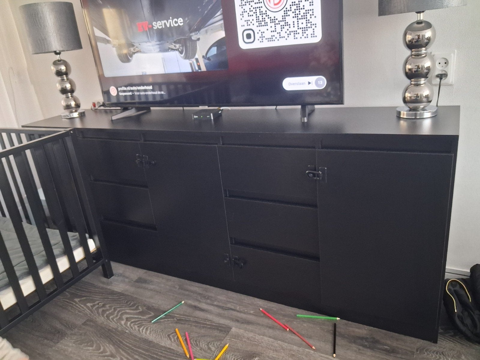 Zwart dressoir met veel opbergruimte - 200 cm breed, Ophalen, Gebruikt, Met lade(s), 200 cm of meer