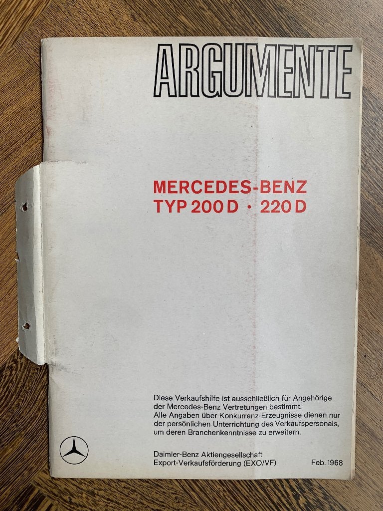 Argumente Mercedes-Benz Typ 200 D - 220 D W115 uit 1968, Boeken, Zo goed als nieuw, Mercedes-Benz, Mercedes, Ophalen of Verzenden