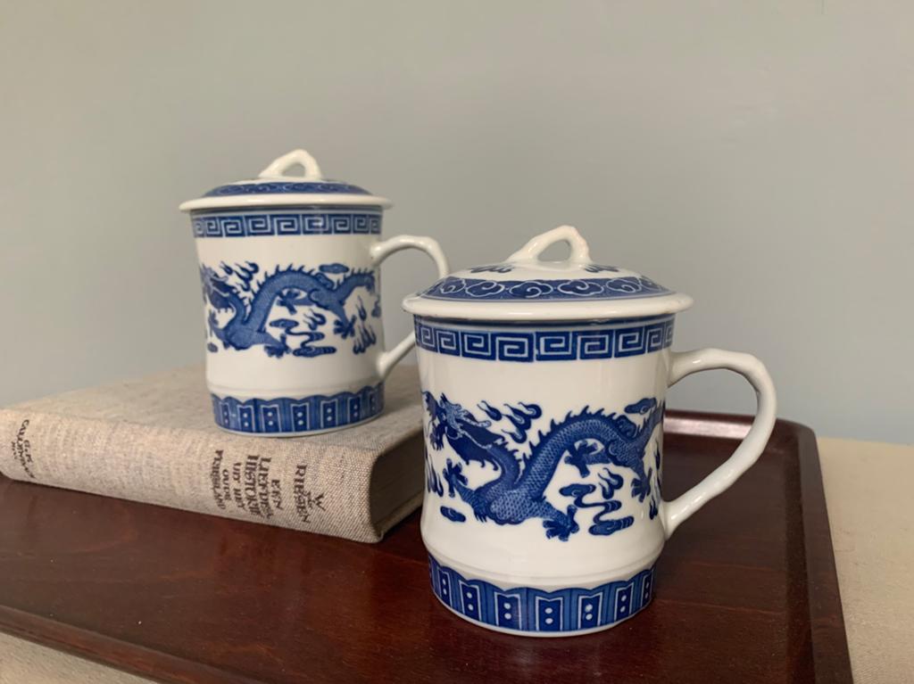 Vintage set Chinese thee mokken porselein blauw wit draak, Antiek en Kunst, Ophalen of Verzenden
