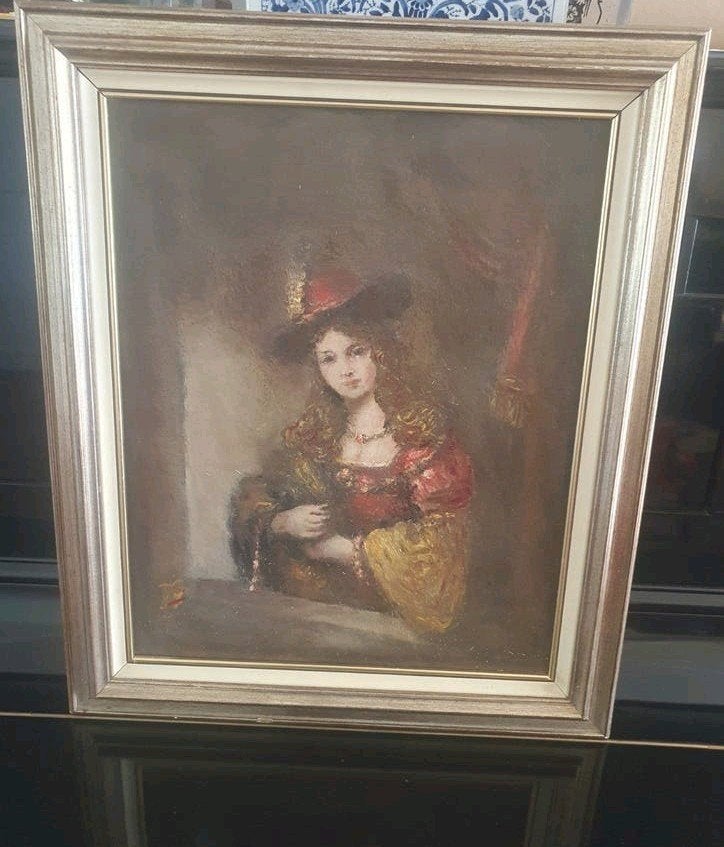 schilderij 'vrouw met de rode hoed' monogram JS, Ophalen