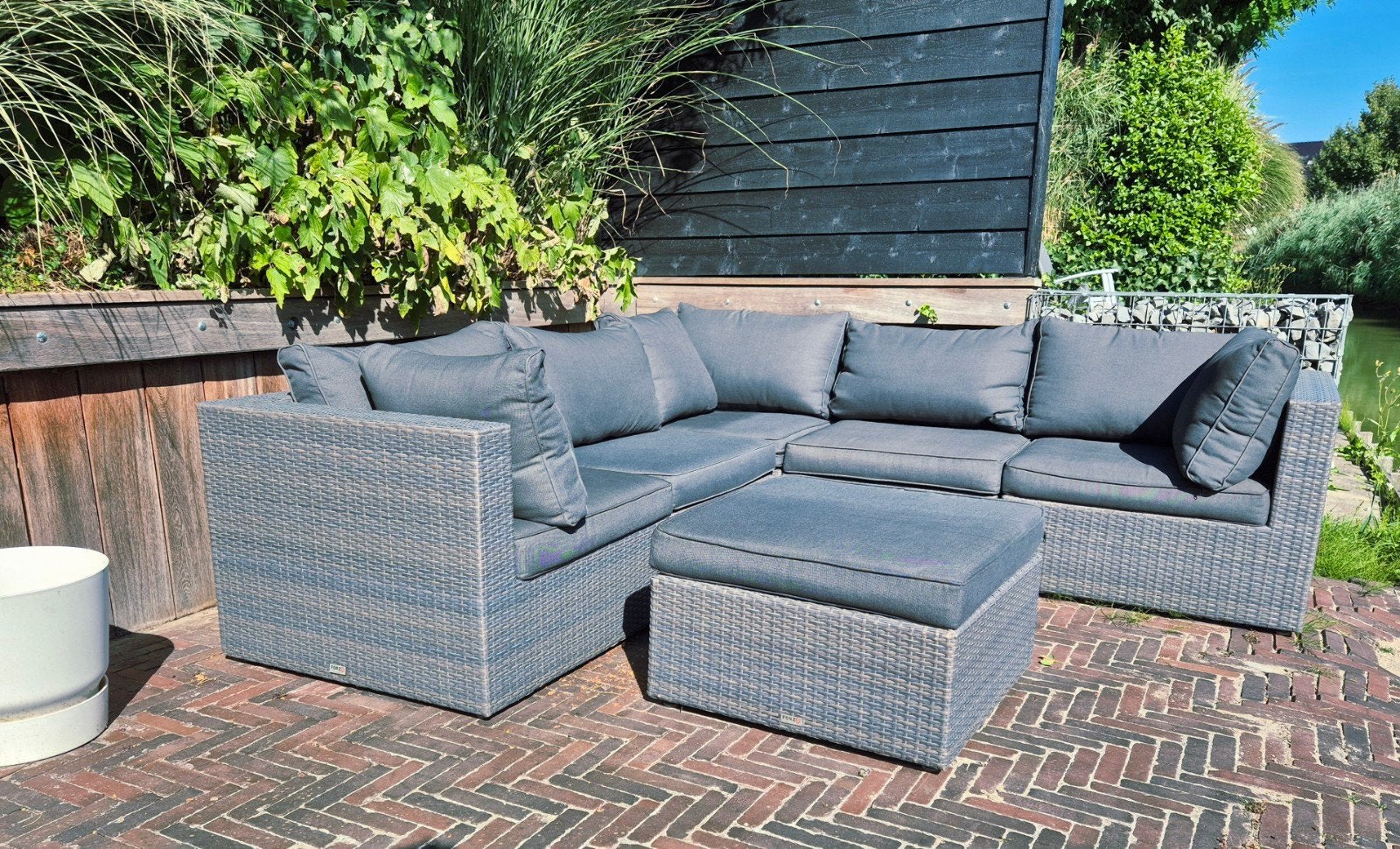 Moderne Wicker Loungeset met Kussens - Grijs, Tuin en Terras, Ophalen, 5 zitplaatsen, Gebruikt, Bank