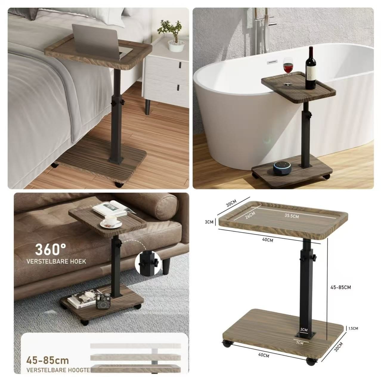 Verstelbare bijzettafel met wielen - Ideaal voor laptop, 45 tot 60 cm, Minder dan 55 cm, Nieuw, Ophalen of Verzenden