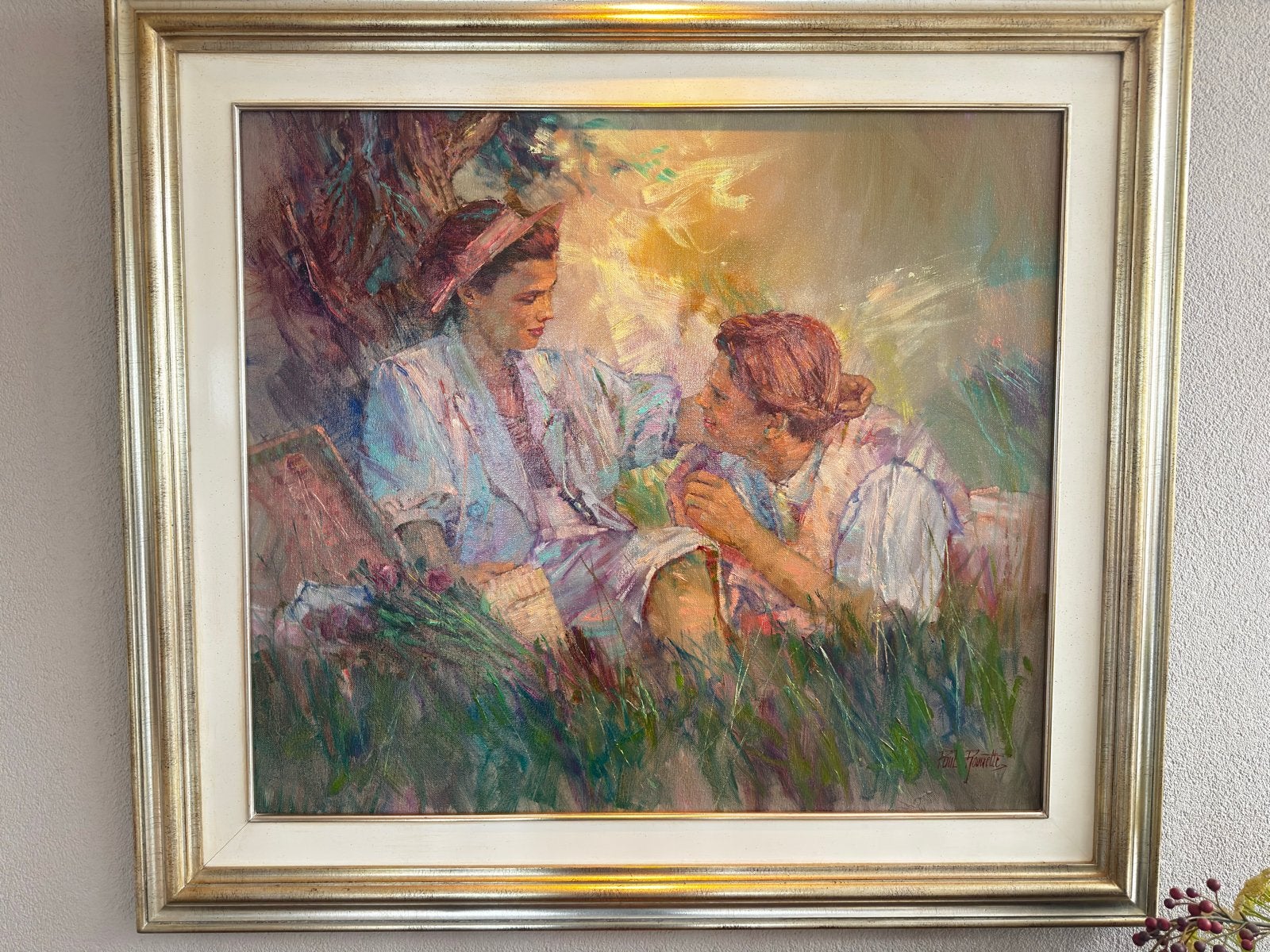 Schilderij Paul Pourrette: Twee Vrouwen in Landschap, Antiek en Kunst, Ophalen, Doek, Portret of Personen, Realistisch