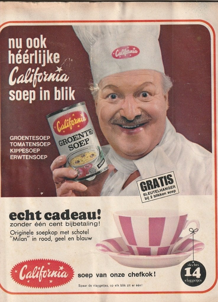 Retro reclame 1966 California blik soep Milan schotel kom, Verzamelen, Verzenden, Overige typen