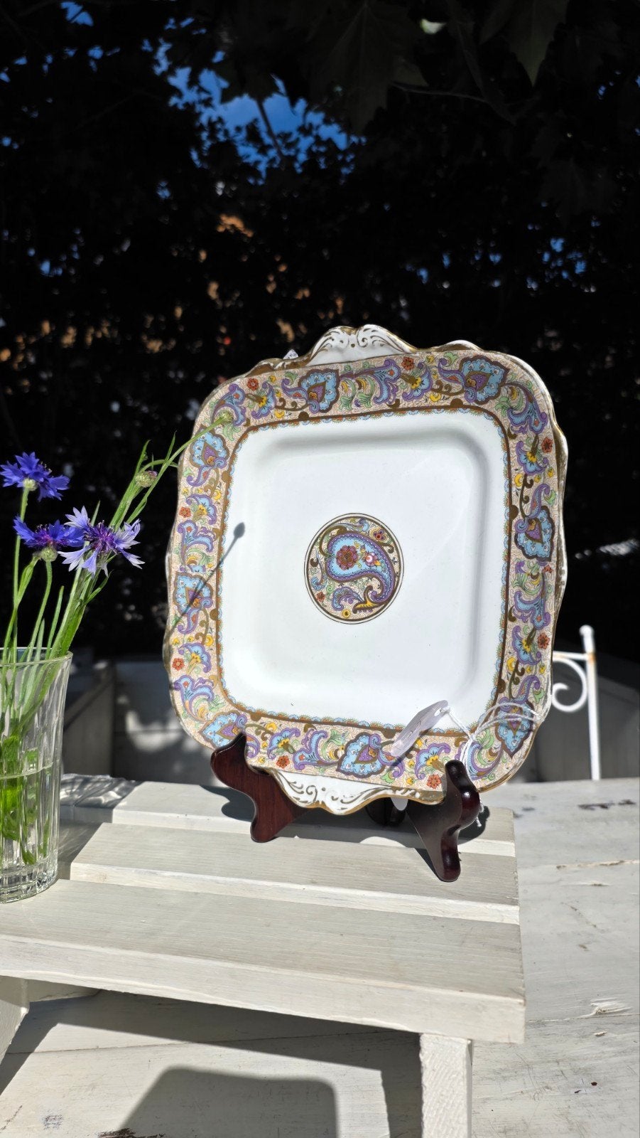 Vierkant vintage Engels bord met lila paisley patroon, Ophalen of Verzenden