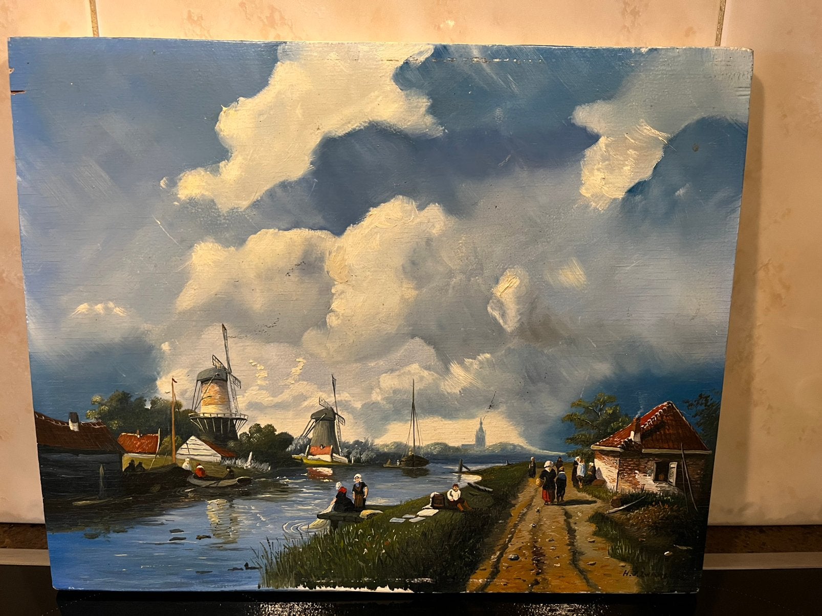 Prachtige olieverf dorpsgezicht schilderij, Antiek en Kunst, Kunst | Schilderijen | Klassiek, Ophalen
