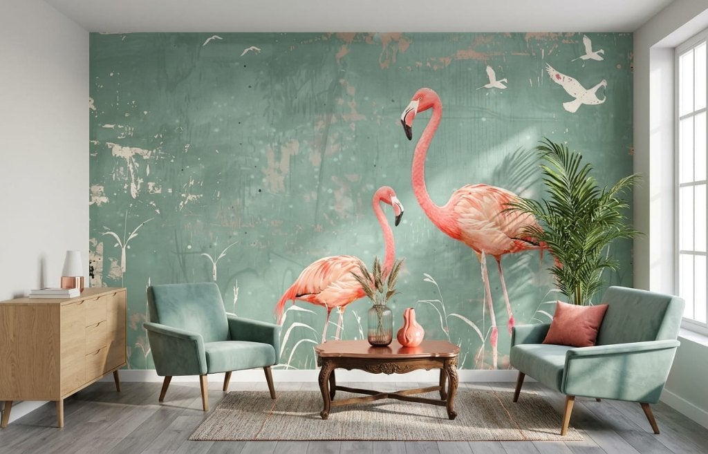 Vogel behang – roze flamingo's op mintgroen, Huis en Inrichting, Overige merken, Groen, Ophalen of Verzenden, Fotobehang