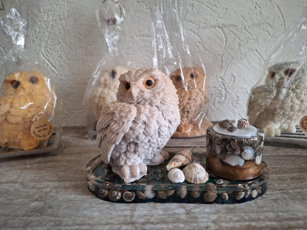 Uil van amberblokjes met schelpen dienblad en waxinelichtje, Ophalen of Verzenden