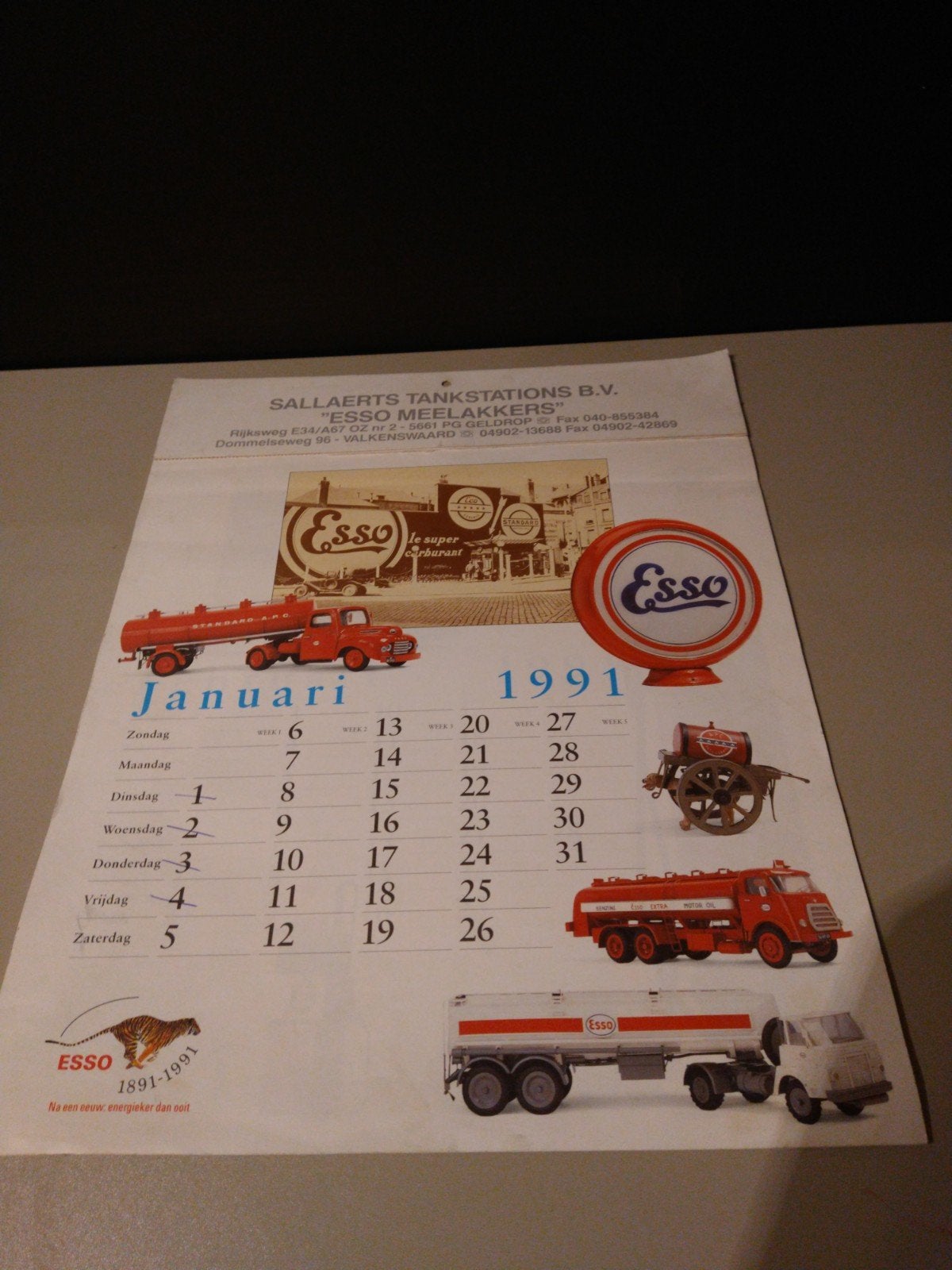 Vintage Esso Kalender 1991 - Sallaerts Tankstations, Ophalen of Verzenden, Gebruikt