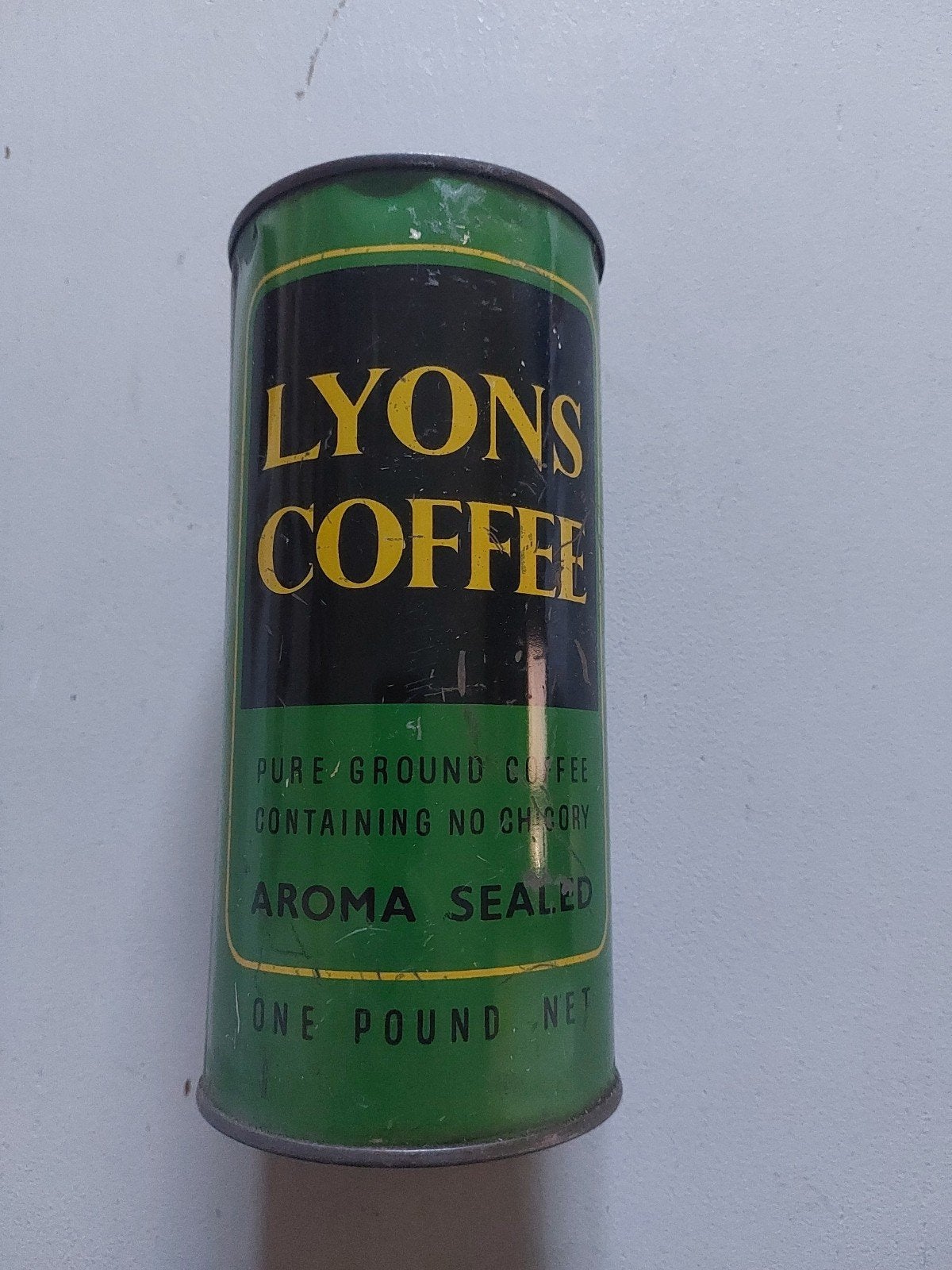 Vintage groen Lyons Coffee blik - Aroma Sealed - 1 Pond Net, Verzamelen, Blikken, Ophalen of Verzenden, Gebruikt, Koffie, Overige merken