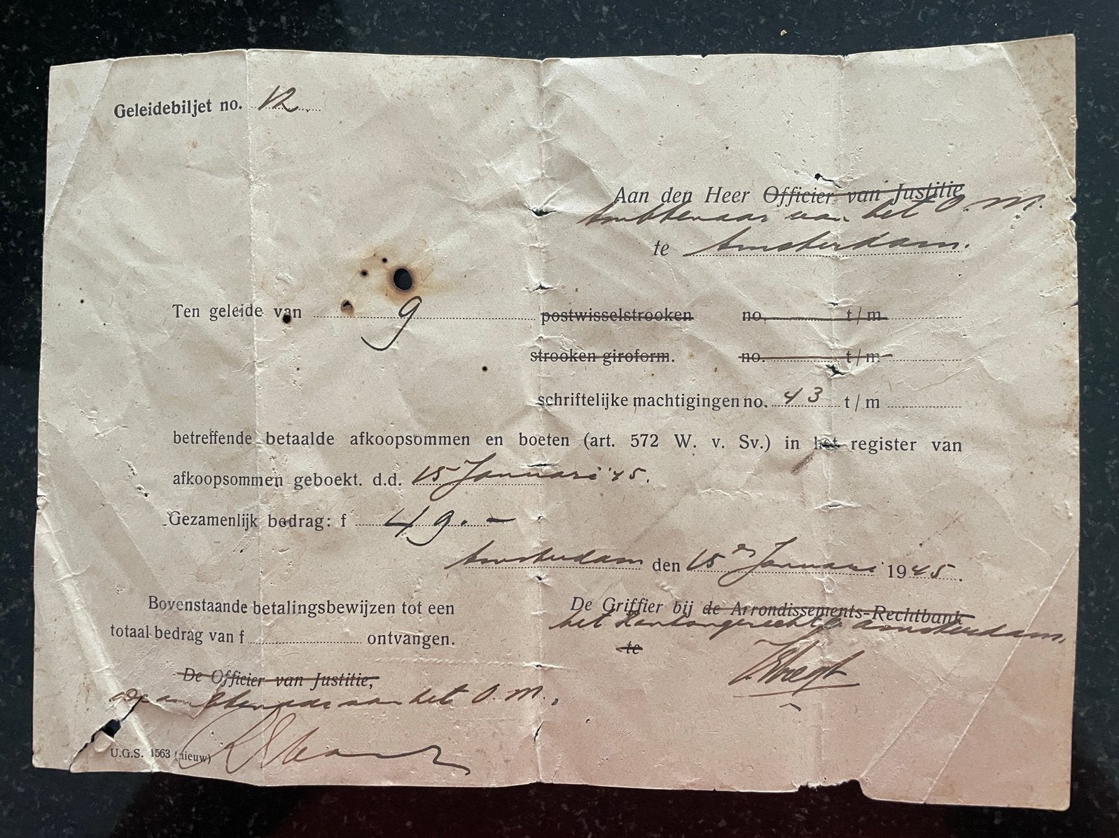 Oud Nederlands betalingsbewijs/afkoopsom jan. 1945 Amsterdam, Ophalen, Overige soorten, Nederland, Overige typen
