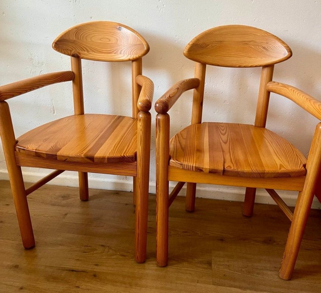 Gelakte grenenhouten fauteuils stijl Rainer Daumiller, 1970, Ophalen, Gebruikt, Bruin, Twee