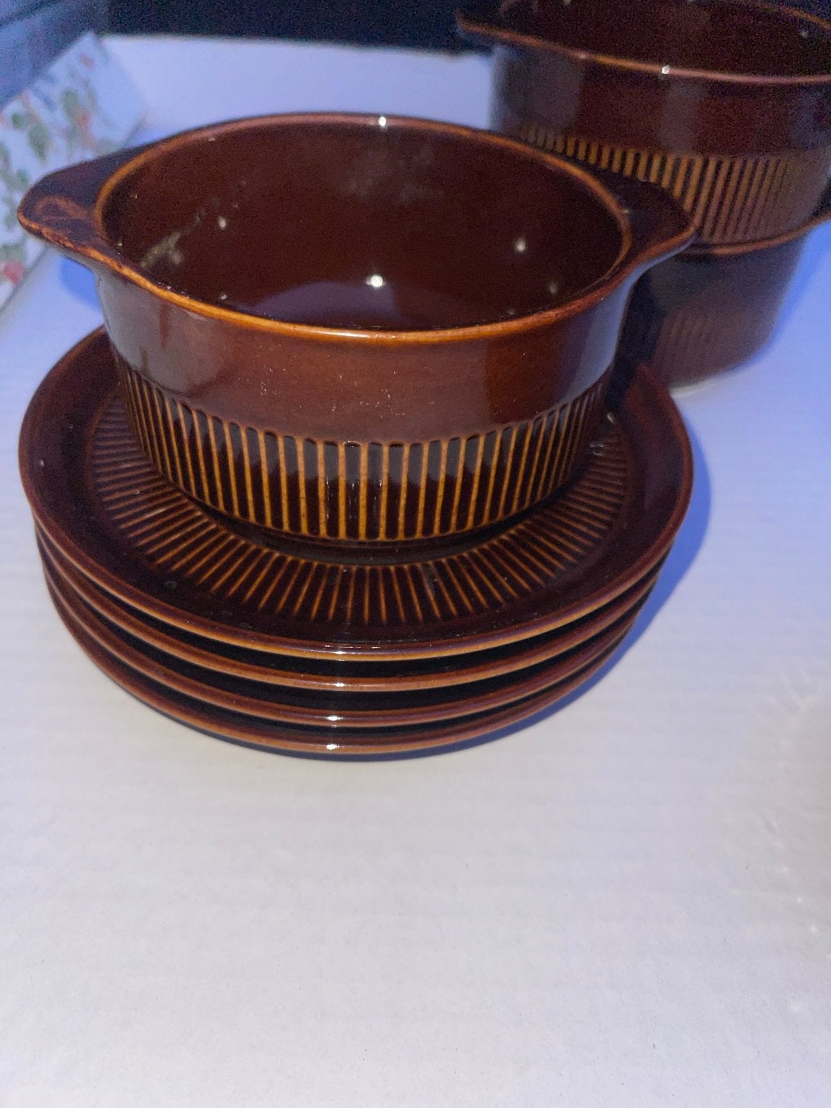 Vintage Bruine Soepkommen met Schotels, Ophalen of Verzenden