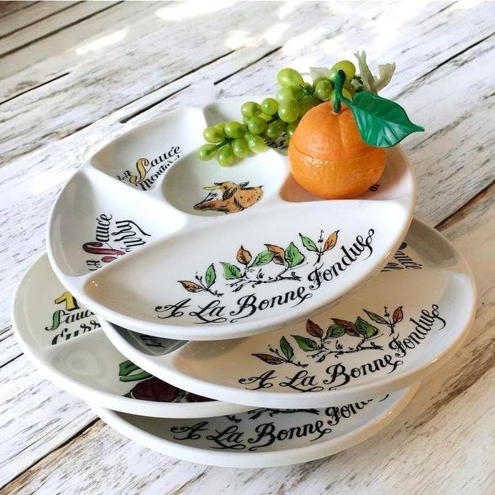 Set van 4 Vintage Gien borden voor Gourmet Fondue ‘70s, Ophalen of Verzenden, Zo goed als nieuw, Overige stijlen, Bord(en)