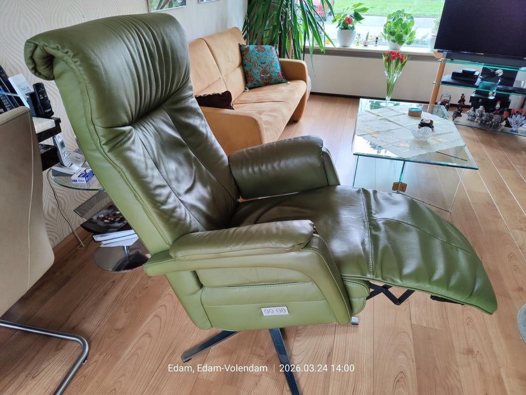 Prominent Malmö Relaxfauteuil - Groen Leder, Huis en Inrichting, Fauteuils, Ophalen, Gebruikt, 75 tot 100 cm, Leer