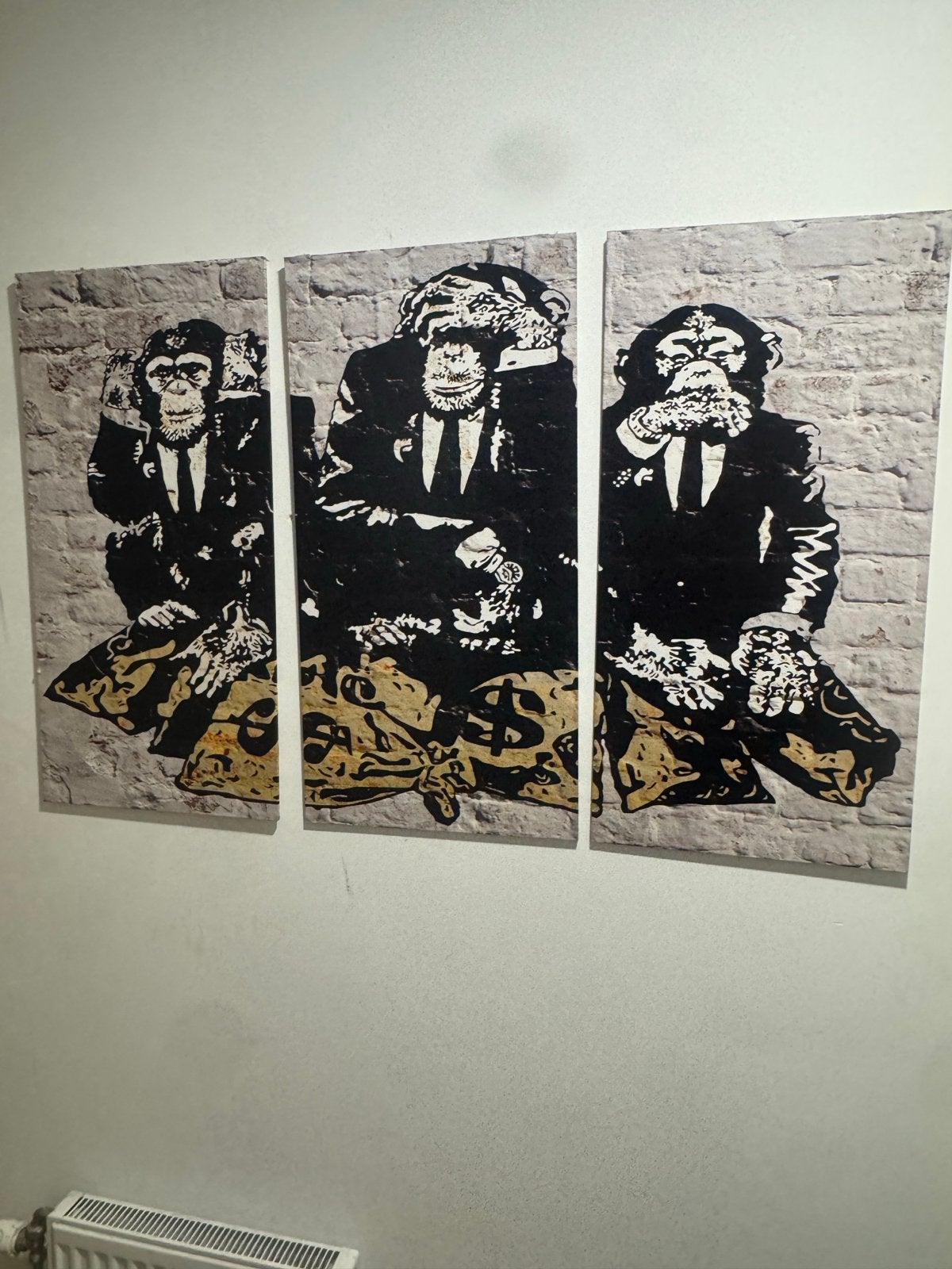 Banksy Apen Schilderij - Drieluik "Horen, Zien, Zwijgen", Antiek en Kunst, Hout, Ophalen of Verzenden, Dieren, Print