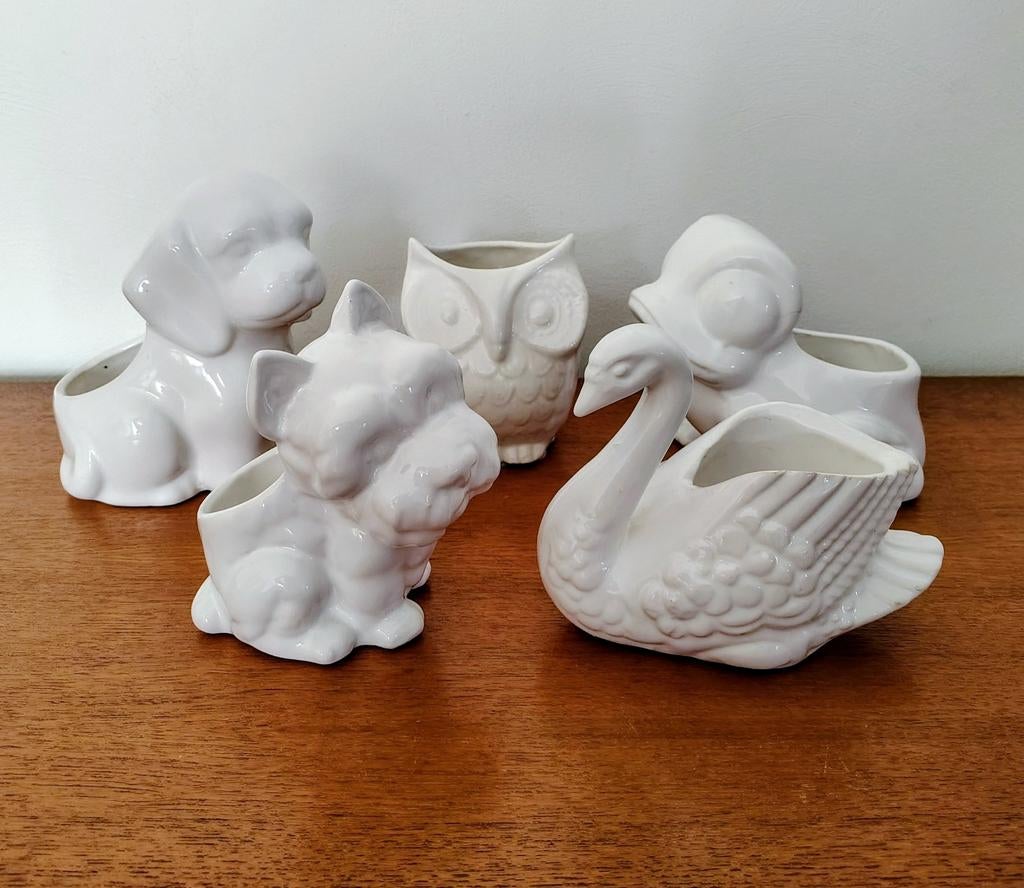 Vintage bloempotten dierfiguren - 5 stuks, Gebruikt, Binnen, Ophalen of Verzenden, Overige vormen
