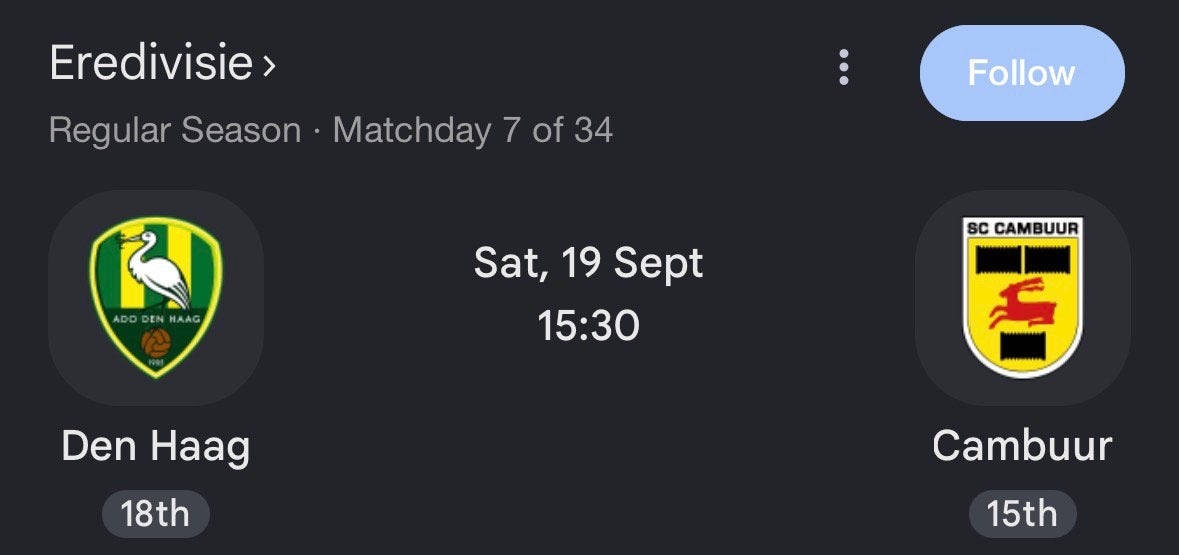 ADO - Cambuur kaartje haaglanden tribune, Eén persoon, September