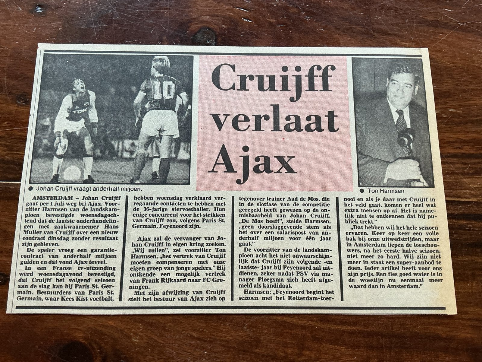 Voetbal krantenartikel Cruijff verlaat Ajax 1983, Ophalen of Verzenden, Knipsel(s)