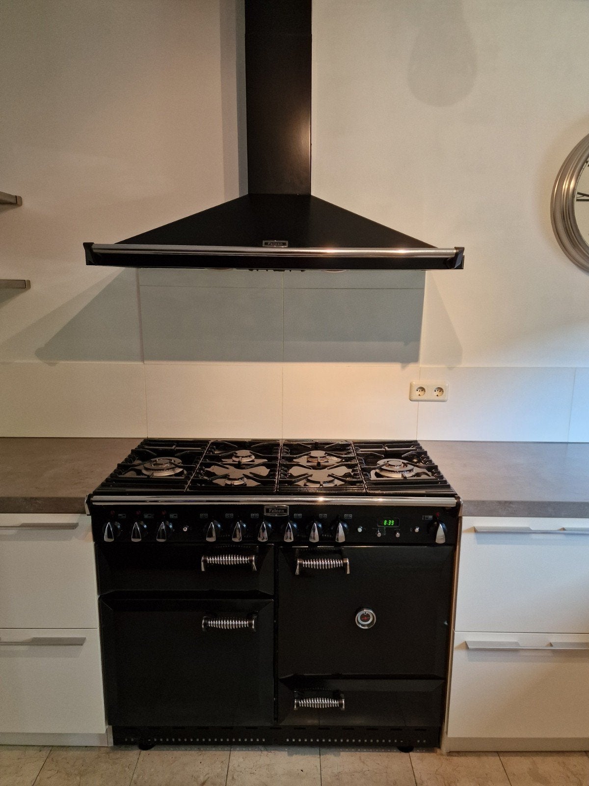 Falcon 110cm breed zwart gasfornuis + afzuigkap, Ophalen, 60 cm of meer, Gas, Vrijstaand