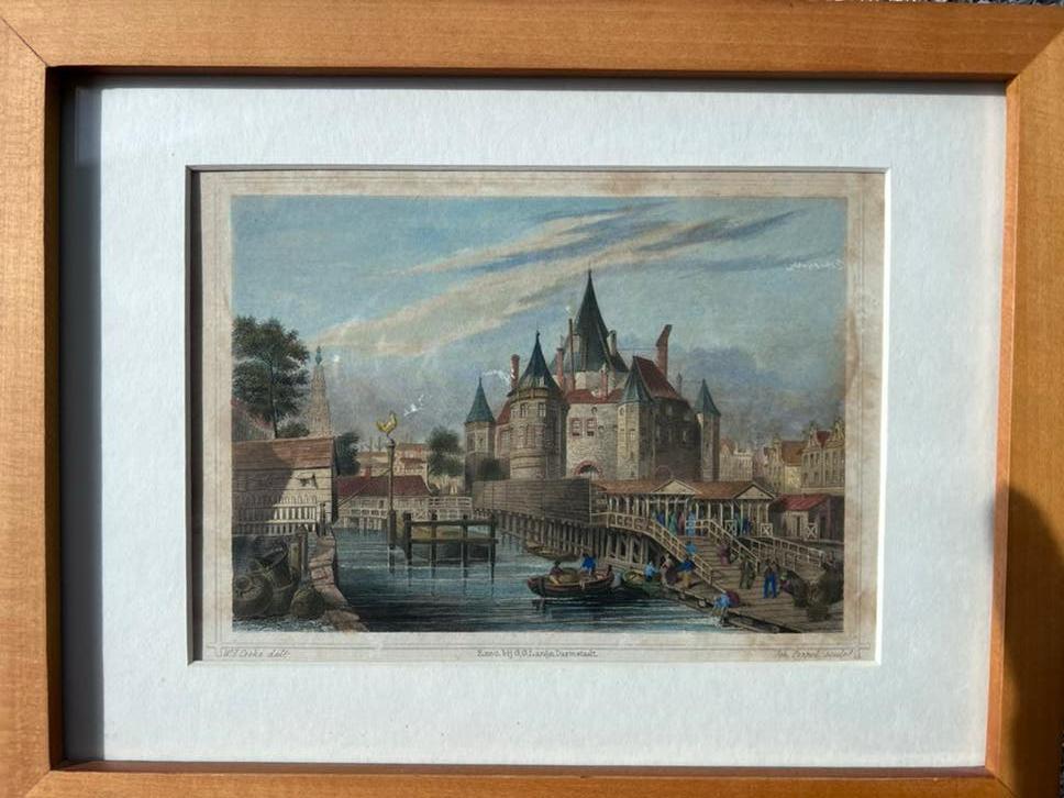 Antieke Ets van Joh. Poppel en W.J. Cooke, ingelijst, Antiek en Kunst, Kunst | Etsen en Gravures, Ets, Gesigneerd, Stadsgezicht