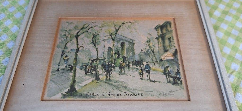 kleine aquarel Paris Arc de Triomphe, Antiek en Kunst, Achter glas, Overige ondergronden, Ophalen of Verzenden, Aquarel