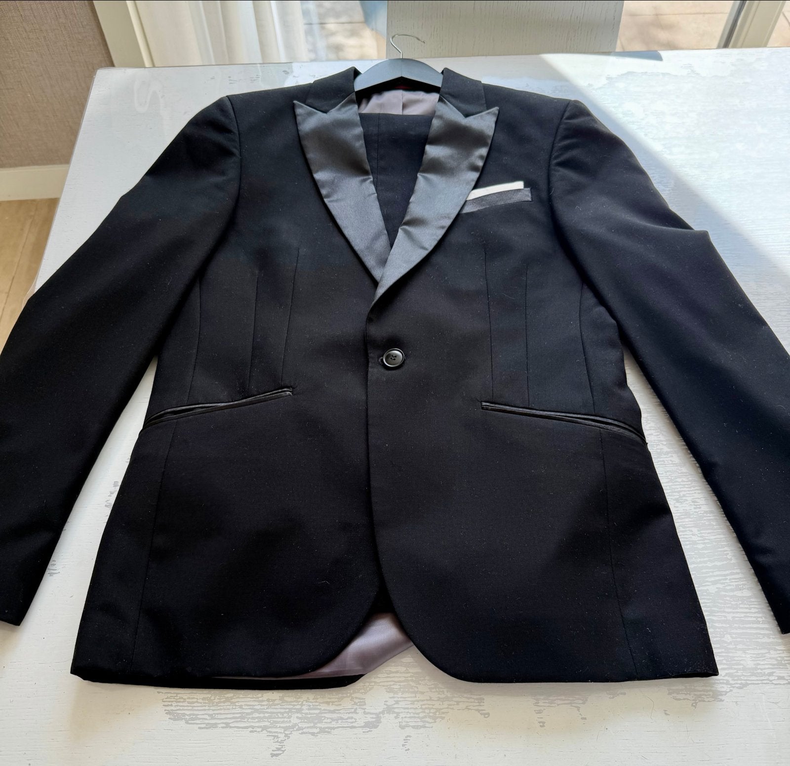 Zwart Slim Fit Smoking Pak - Maat 44, Kleding | Heren, Ophalen of Verzenden, Zo goed als nieuw, Maat 46 (S) of kleiner, Zwart
