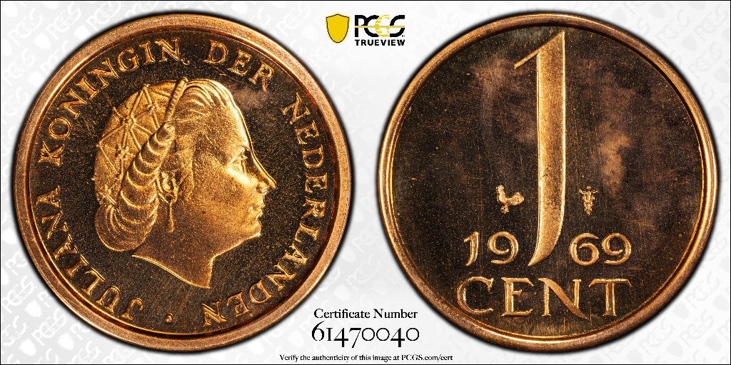 Juliana, 1 Cent 1969 haan.  Proof. PCGS PR64RD, Ophalen of Verzenden, Koningin Juliana, 1 cent, Losse munt