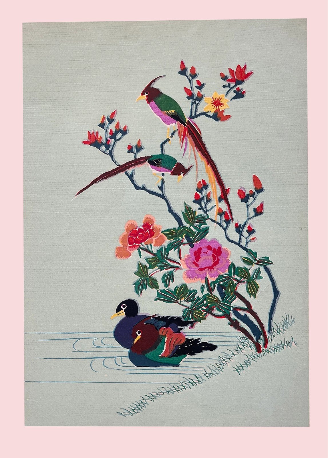 Kleurrijke Chinese zijden borduurwerk met vogels en bloemen, Verzamelen, Ophalen of Verzenden, Nieuw, Film en Tv