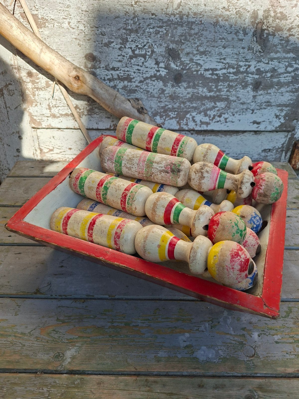 Brocante set kegels en opbergbak, Ophalen of Verzenden