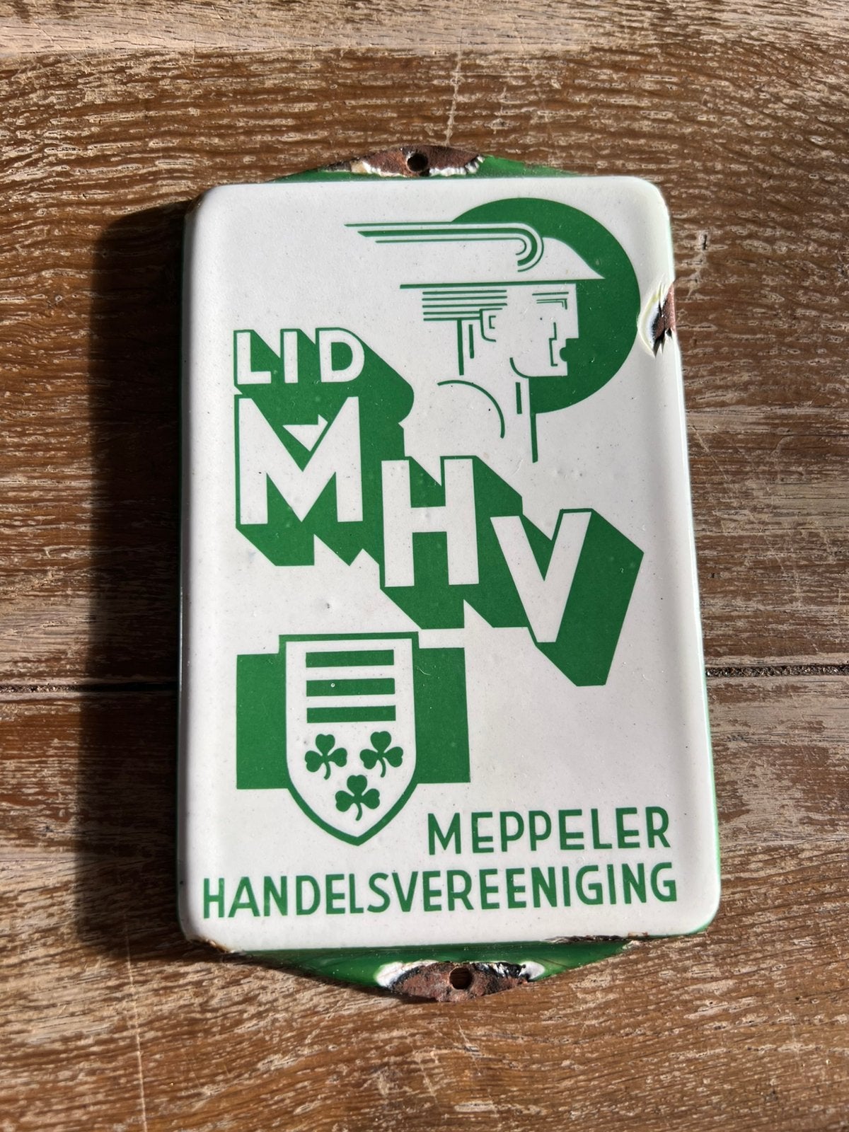 OUD EMAILLE DEURPOSTBORDJE LID MHV MEPPEL, Ophalen of Verzenden, Gebruikt