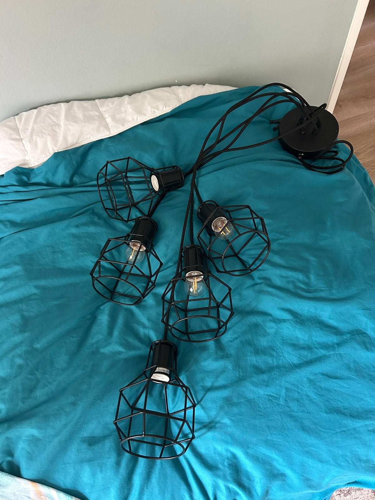 Zwarte industriële hanglamp met 5 kooilampen, Ophalen, Zo goed als nieuw, Metaal, E27 (groot)