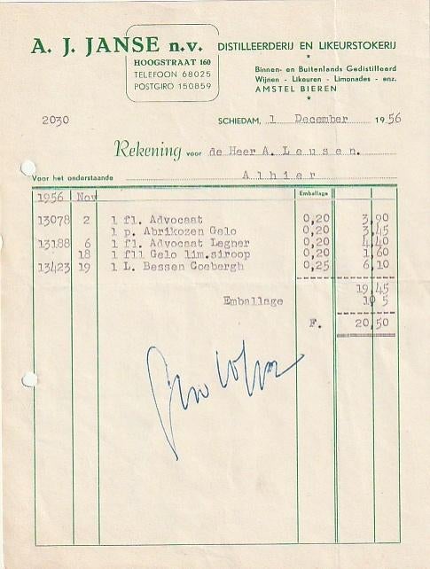 Schiedam distilleerderij Janse  factuur 1956, Ophalen of Verzenden, Zo goed als nieuw, Overige typen