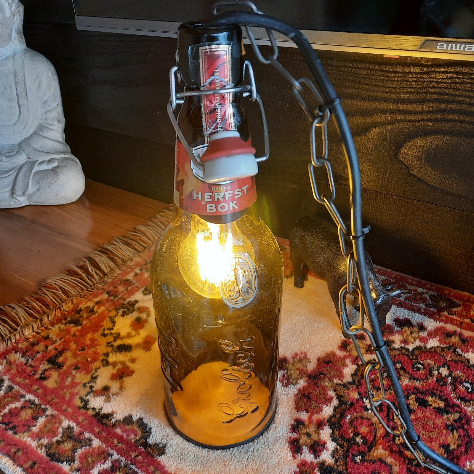 Grolsch 1,5 liter fles hanglamp., Ophalen, Glas, E27 (groot)
