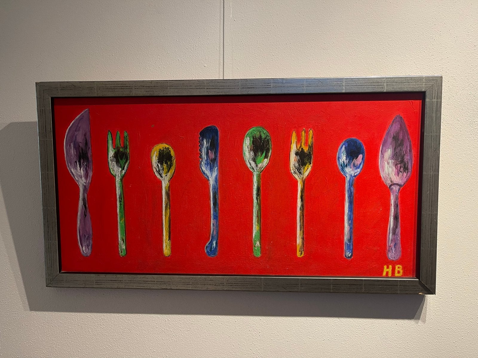 Modern acryl schilderij 85-45 bestek en basis in het rood, Ophalen, Acrylverf, Stilleven, Gesigneerd
