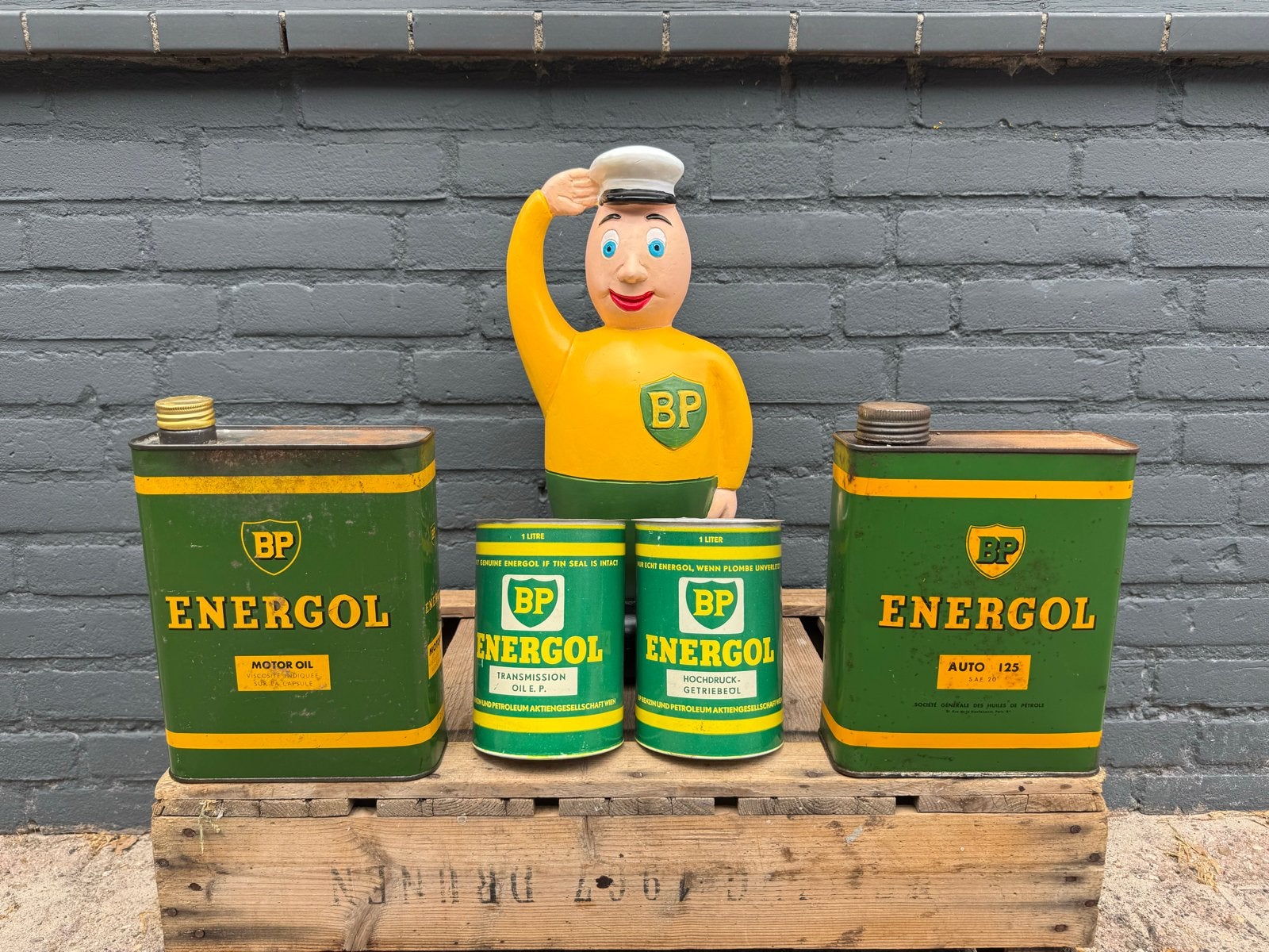 BP Energol Olieblikken en BP Man Beeldje - Vintage Collectie, Ophalen, Gebruikt, ., Overige typen