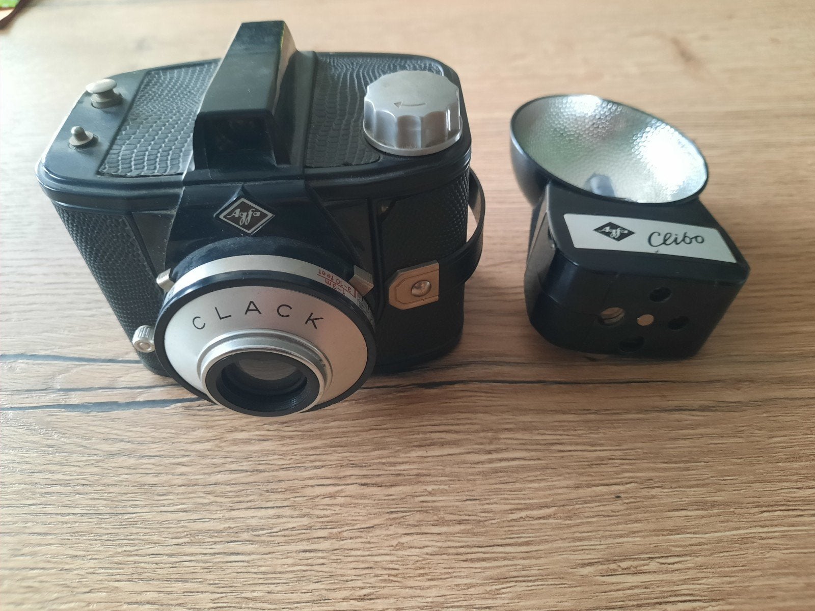 Vintage Agfa Clack camera met Clibo flitser en lederen tas, Audio, Tv en Foto, Ophalen of Verzenden