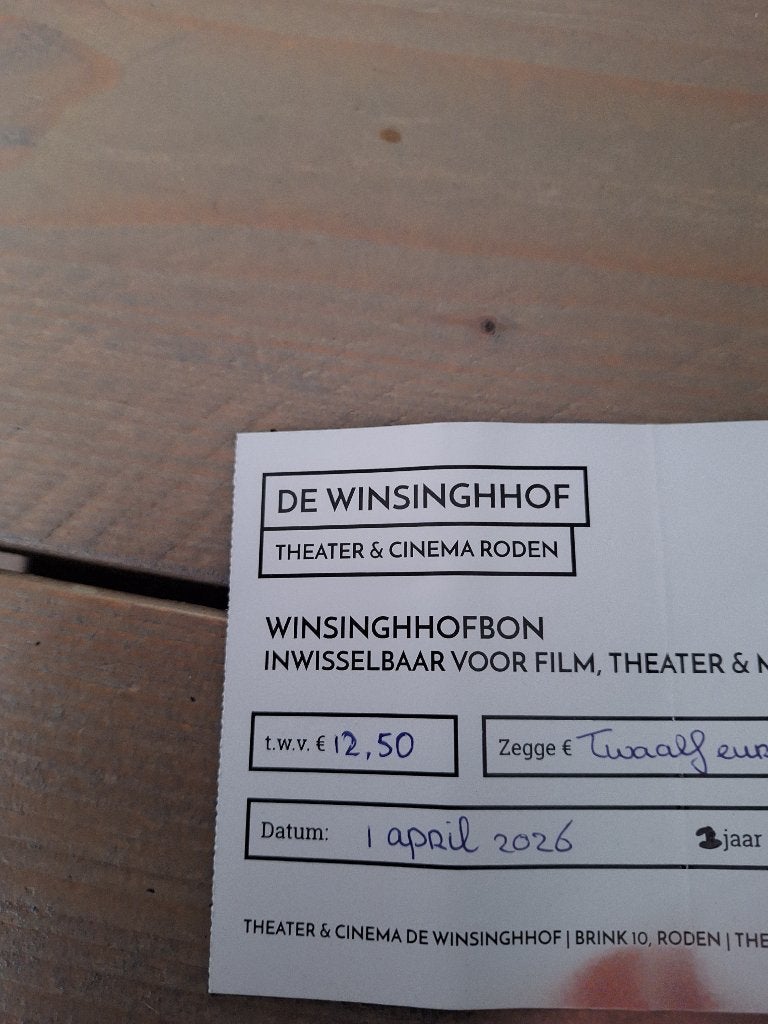 Cadeaubon theater winsinghhof roden, Tickets en Kaartjes, Kortingen en Cadeaubonnen, Eén persoon, Cadeaubon, Overige typen
