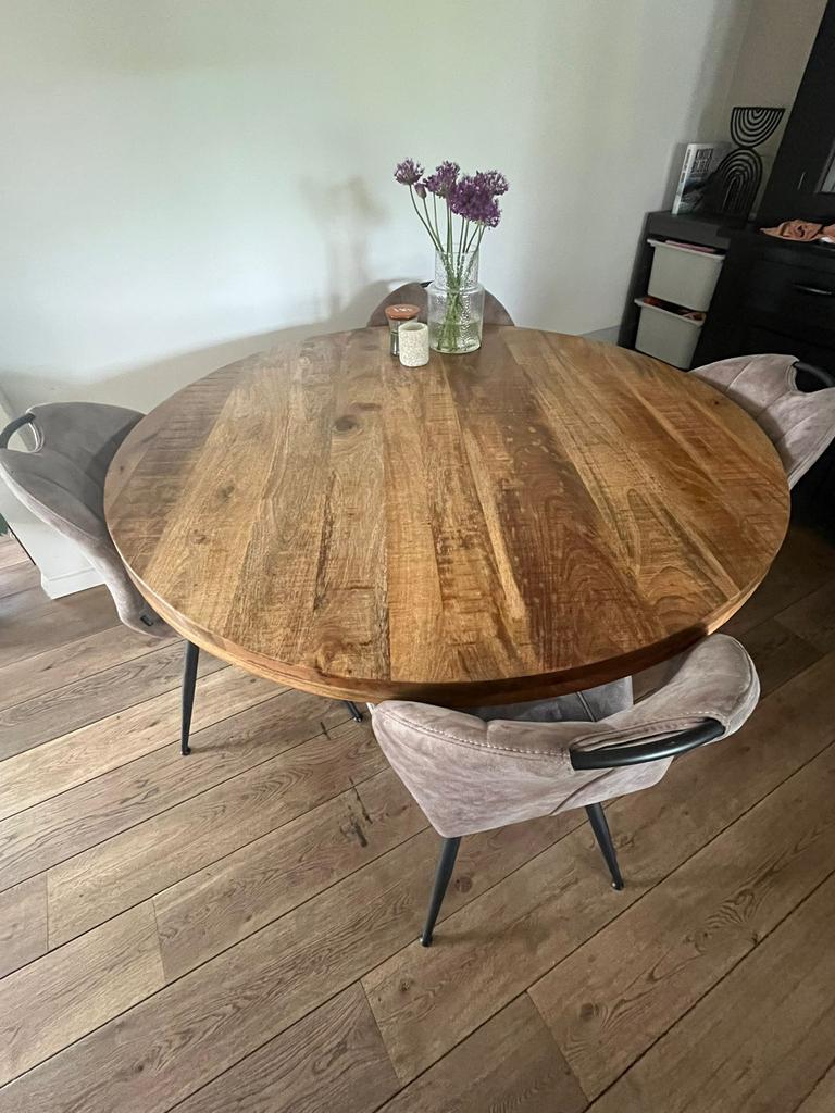 Ronde acacia houten eettafel 140cm doorsnede incl. 4 stoelen, Ophalen, Zo goed als nieuw, Rond, 100 tot 150 cm