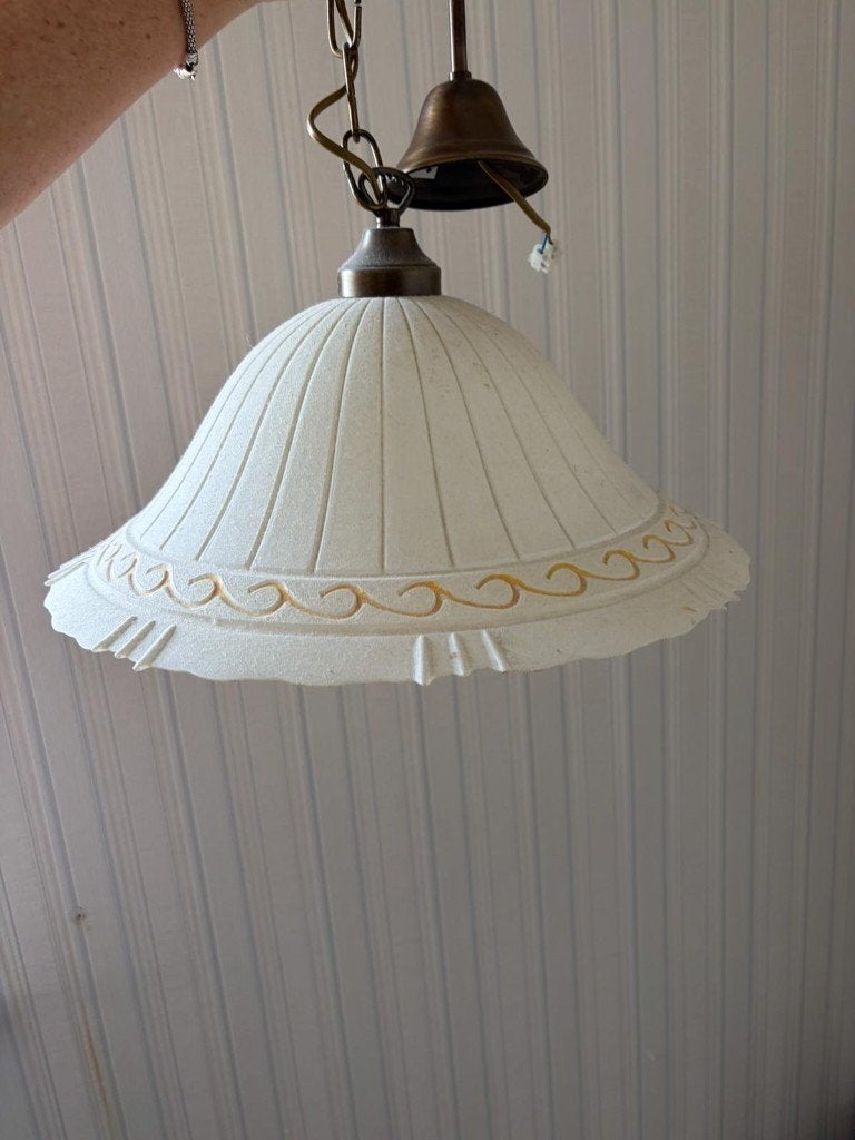 Klassieke Vintage Hanglamp - Keramiek met Brons en Ketting, Ophalen, Gebruikt, Keramiek, E27 (groot)