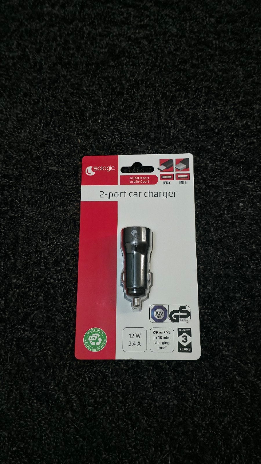 Sologic 2-poorts autolader 12W USB-A, Ophalen of Verzenden, Nieuw
