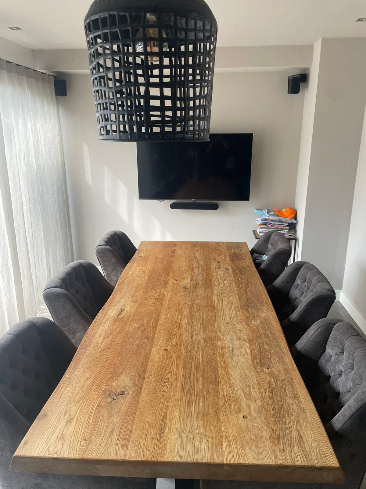 Massief eiken boomstamtafel 260x100 met 6 stoelen, Ophalen, Gebruikt, 100 tot 150 cm, Eikenhout